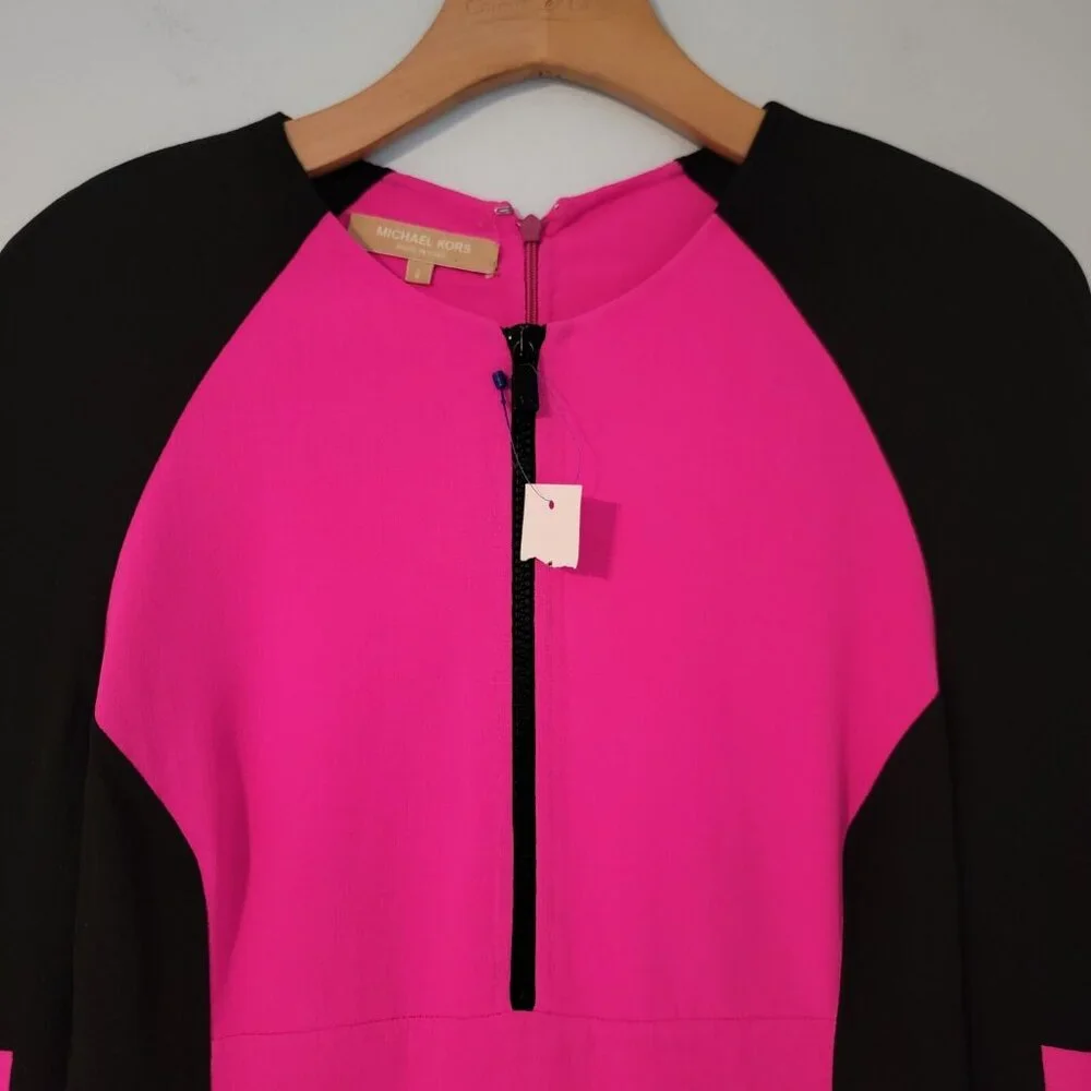 Michael Kors Dress Hot Pink Black Colorblock Virgin Wool Long Sleeve Sz‎ 2 NWOT